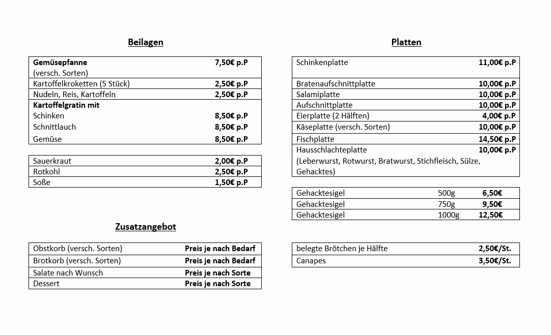 Preisliste "Beilagen, Platten"