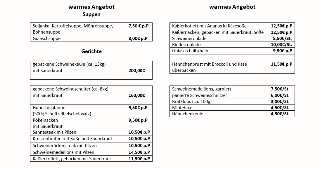 Preisliste "Warmes Angebot"